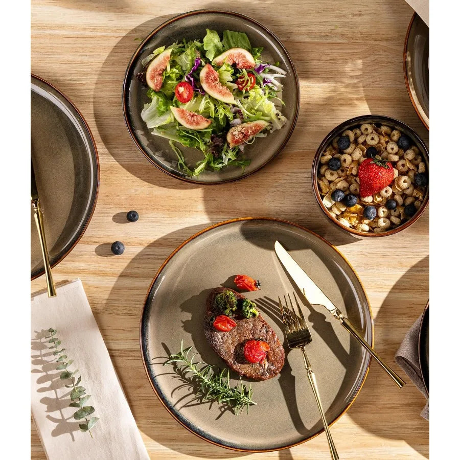 Ceramic Dinnerware Set For 8, 24 Pieces With Reactive Glaze Plates And Bowls