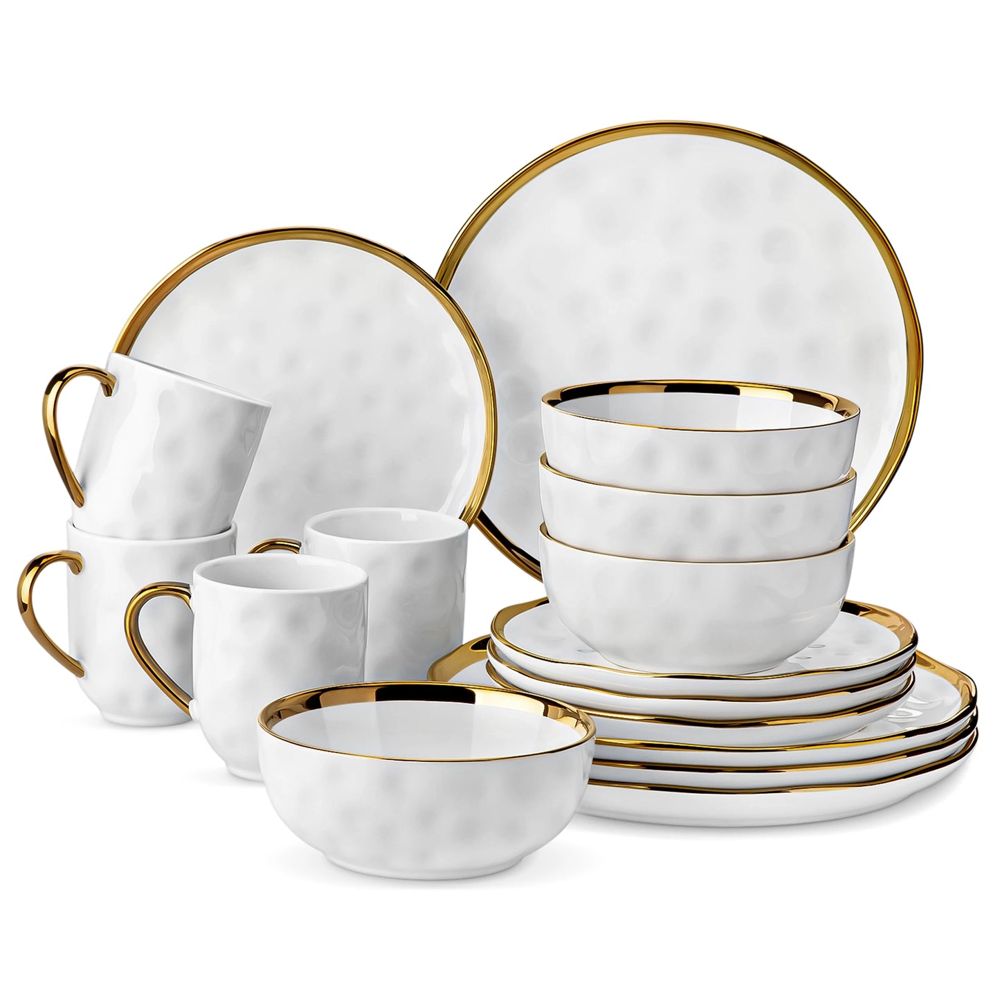 LoveCasa White Handmade Stoneware Dinnerware Set With Gold Trim 16 And 32 Piece