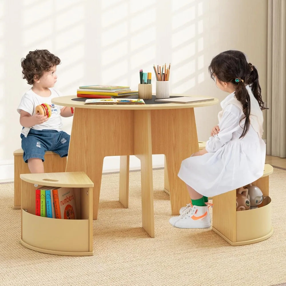 Toddler Table and Chair Set with 4 Storage Stools, Wooden Flower Shaped Nesting Table with Blackboard Drawers,