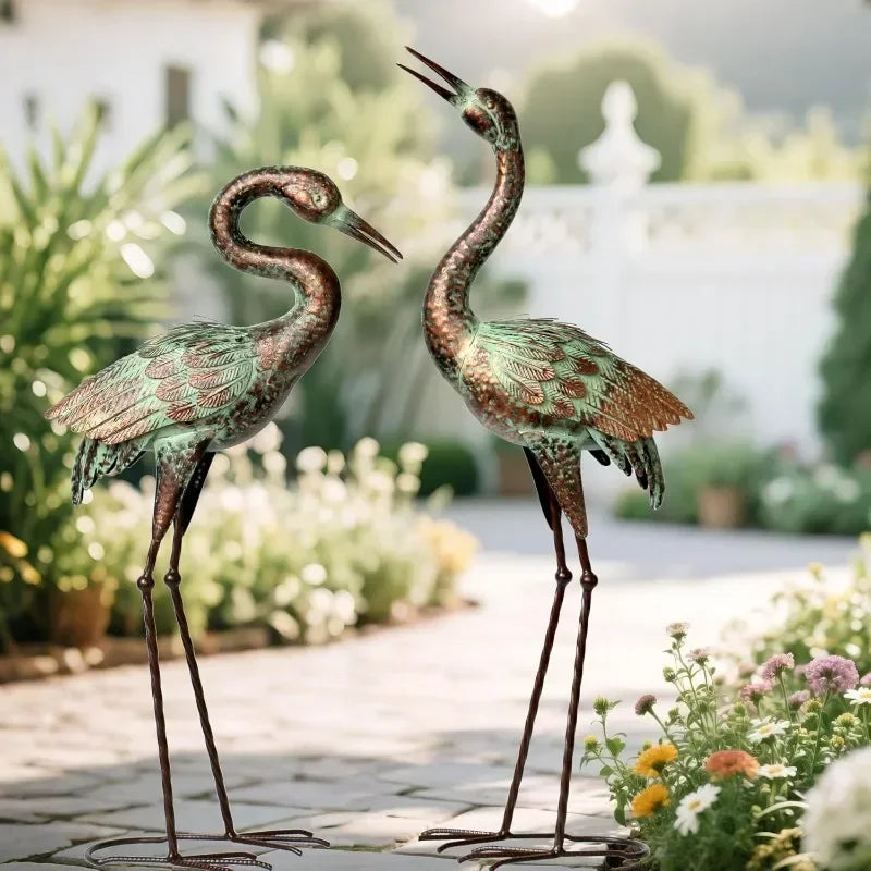 Metal Heron Sculpture with Patina Finish, Staked Garden Statue for Lawn, Pond & Landscape Decor