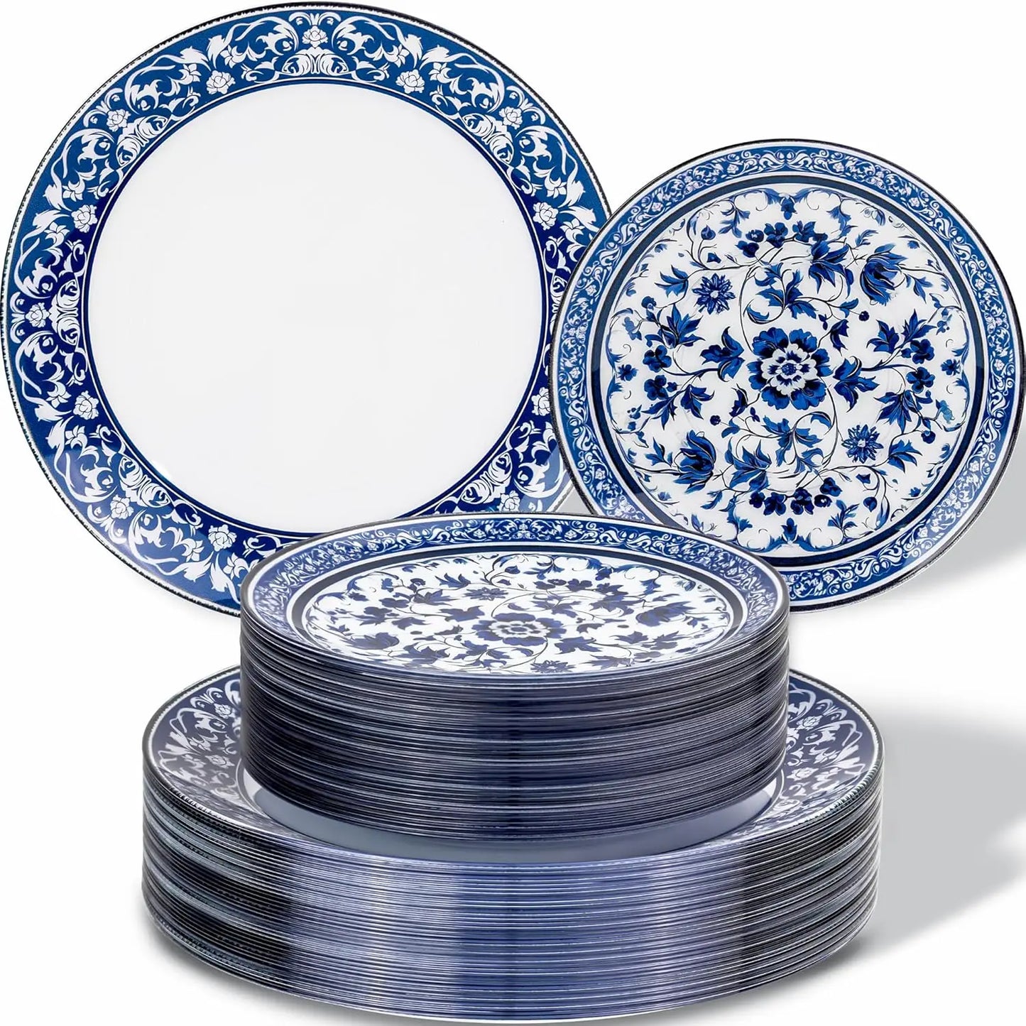 60 Piece Blue Floral Plastic Plates Set 10.25 Inch Dinner 7.5 Inch Dessert
