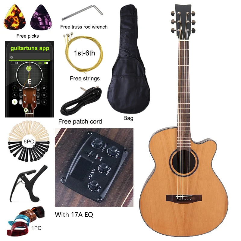 40 Inch 6 String Electric Acoustic Guitar Natural Brown Solid Spruce Top