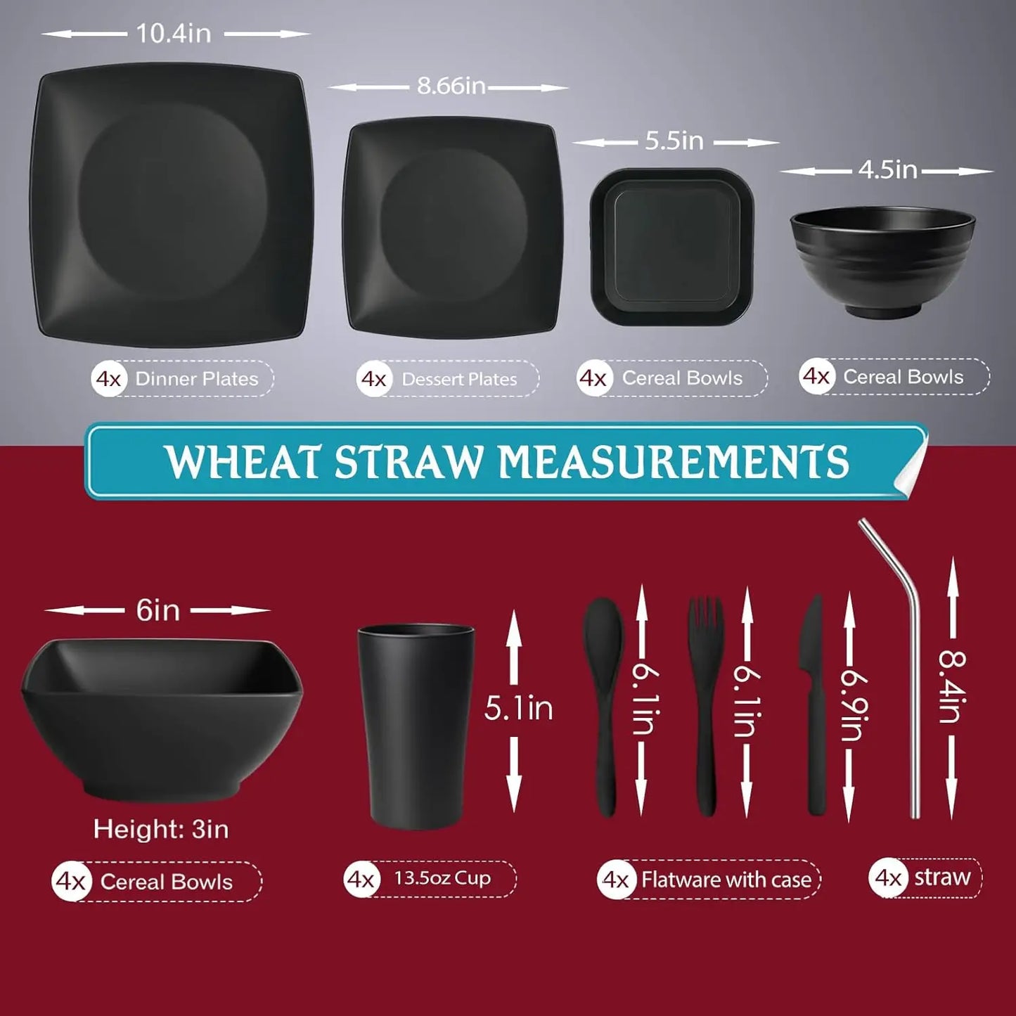 Square 40 Piece Plastic Dinnerware Set For 4 Unbreakable Dishwasher Safe Black
