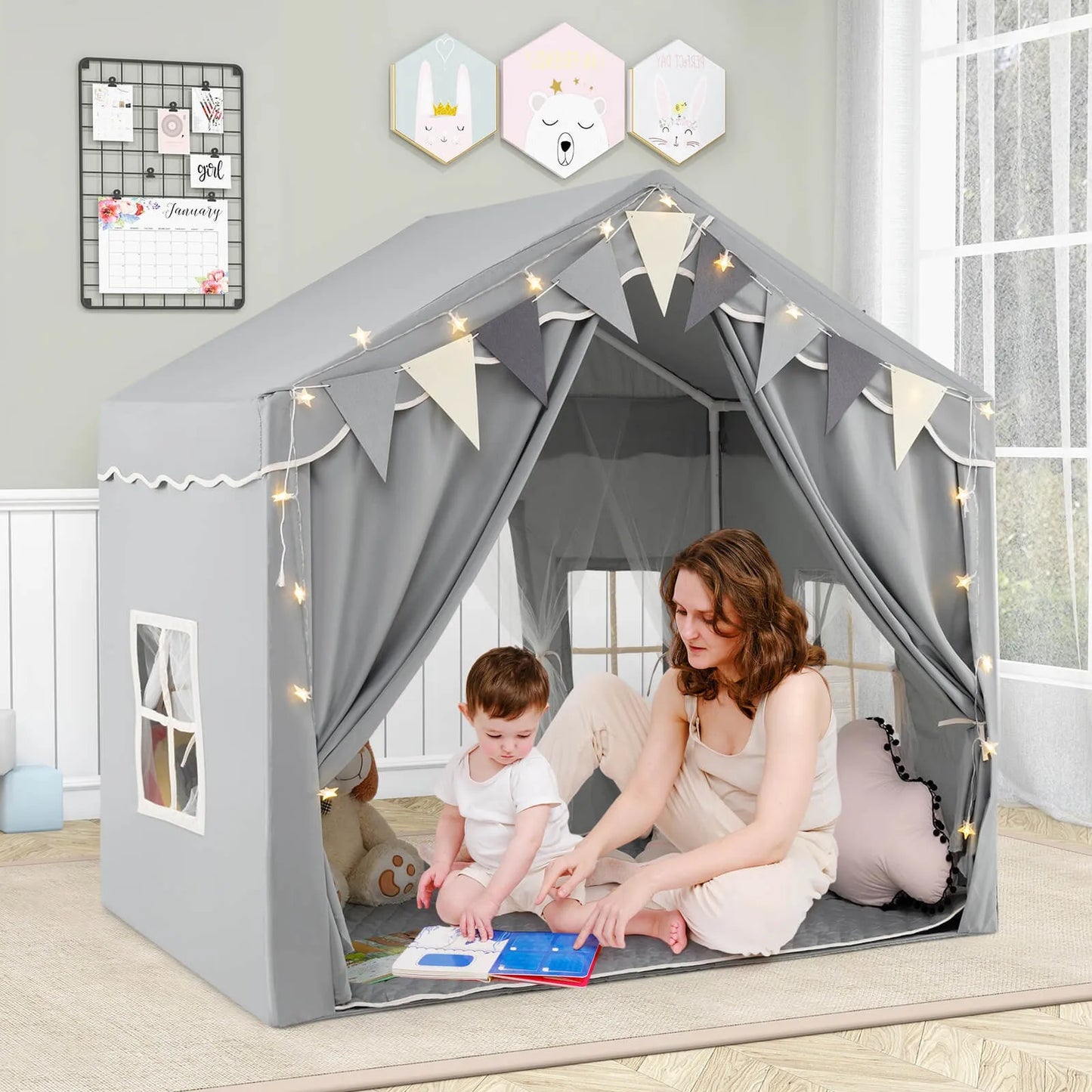 3-4 Kids Large Play Tent House w/ 2 Opening Doors Star Lights & Plaid Pennants
