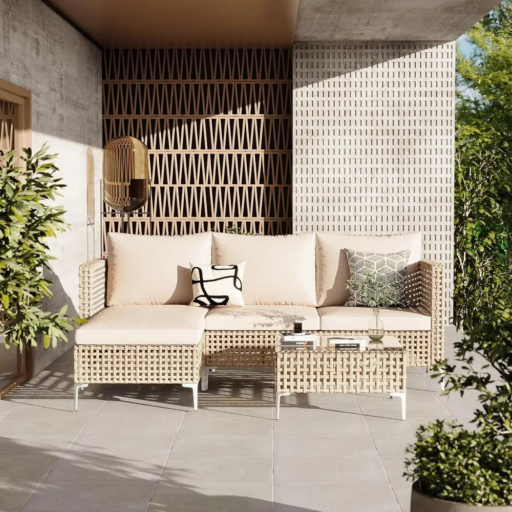 All-Weather Outdoor Furniture Set: 3pc Rattan Sofa with Cushions, Glass Table for Garden & Poolside
