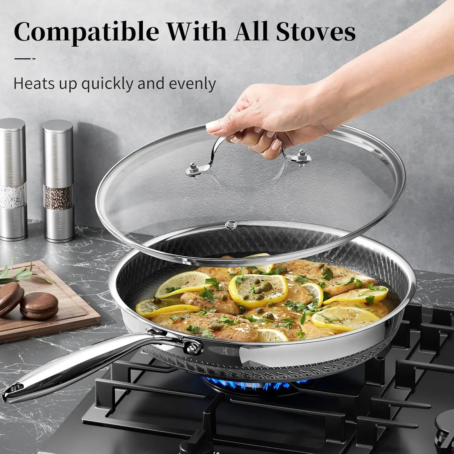 Titanium Ceramic Nonstick Frying Pan Set 10 & 12 Inch with Lid, Stainless Steel Skillet, Induction Compatible, PFOA Free
