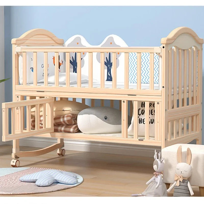 Movable Solid Wood Baby Crib With Mosquito Net And Universal Wheels Rocking Bed