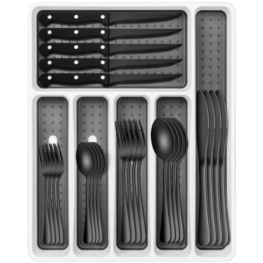 Black 49 Piece Stainless Steel Flatware Set With Drawer Organizer For 8