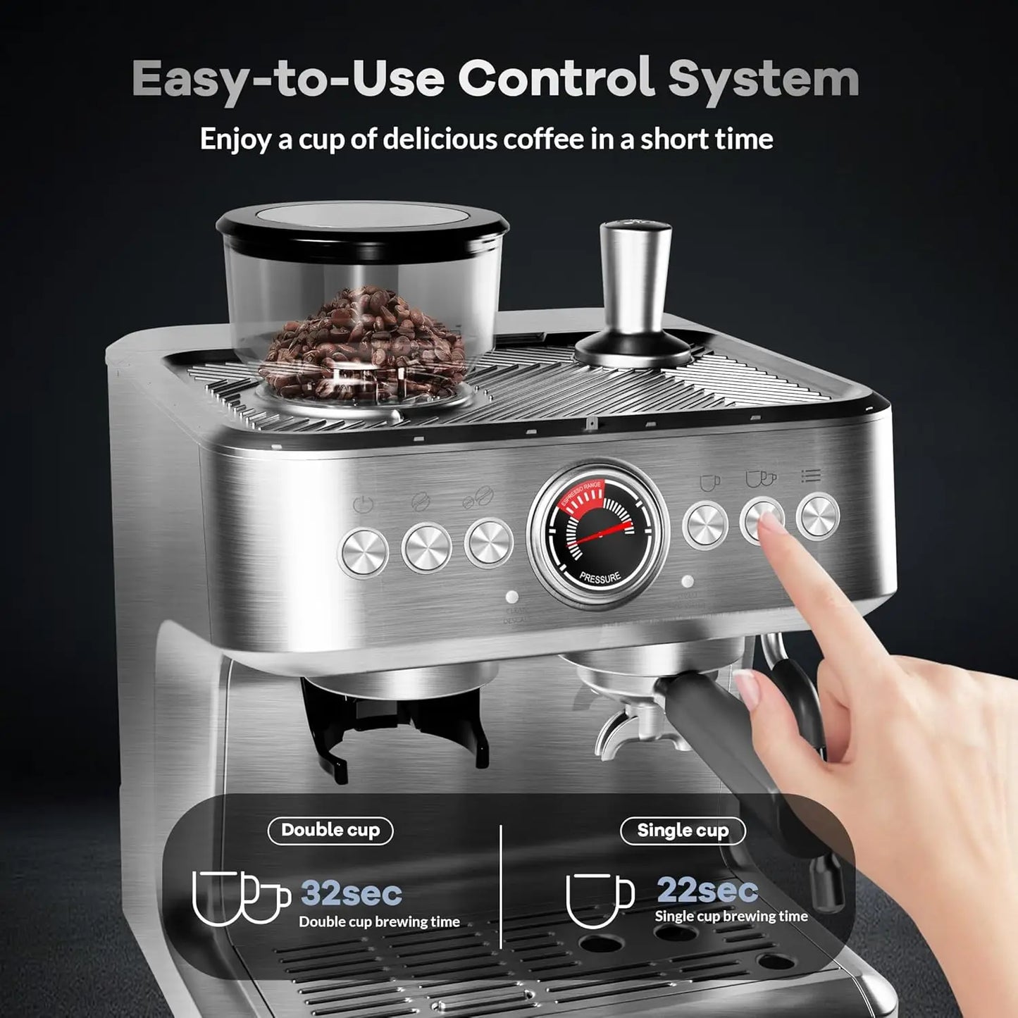 20 Bar Semi Automatic Espresso Machine With Grinder Steam Wand 30 Settings