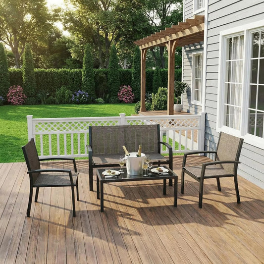 Modern 4 Piece Metal Patio Furniture Set Breathable Mesh Outdoor Loveseat & Chairs With Table For Deck Apartment Porch Backyard