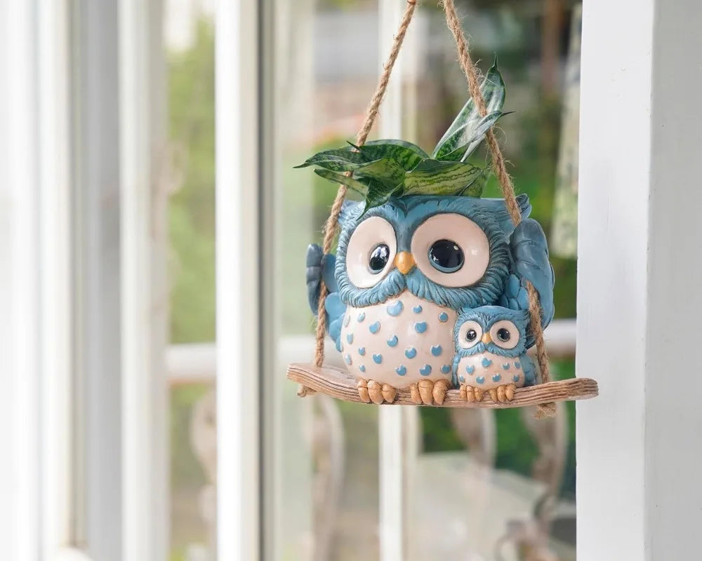 Swing Owl Hanging Planters for Indoor Plants, Cute Succulent Pots with Drainage Hole, Unique Resin Plant Hangers Outdoor, Gift Ideas for Mother