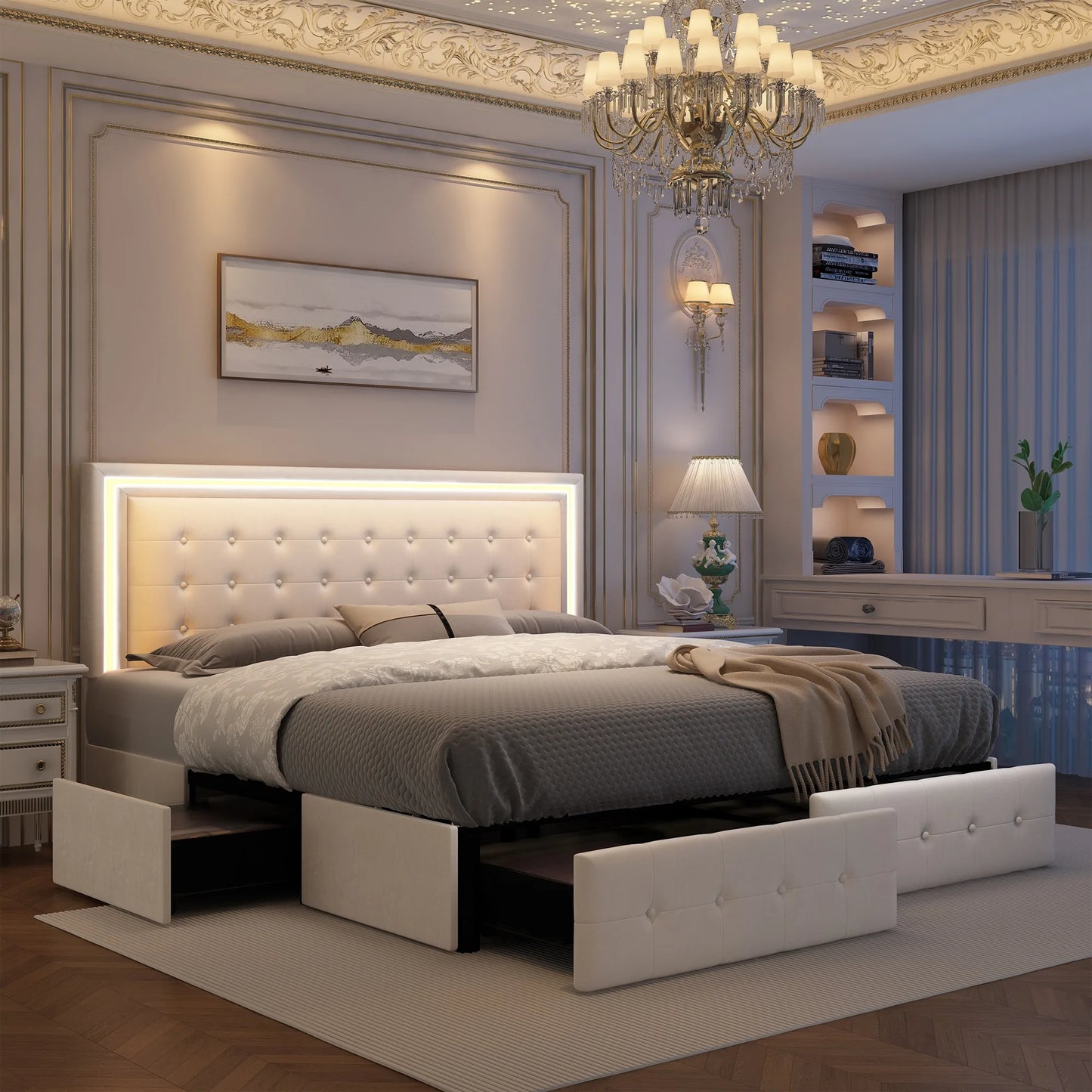 GEGOFORU Queen LED Bed Frame 4 Storage Drawers RGBW Headboard PU Upholstered