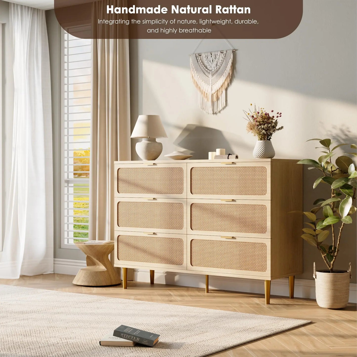 6 Drawer Rattan Dresser Natural Handwoven Rattan Wood For Bedroom Living Room
