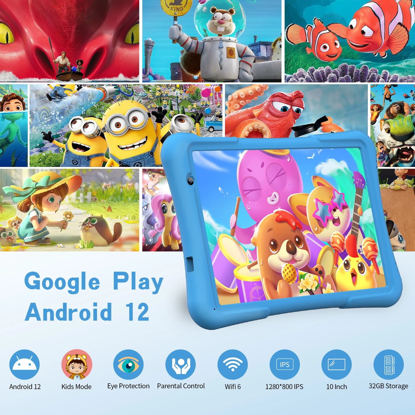 PRITOM 10 Inch Kids Tablet Android 12 With 4GB RAM 32GB Storage WiFi 6 Cameras