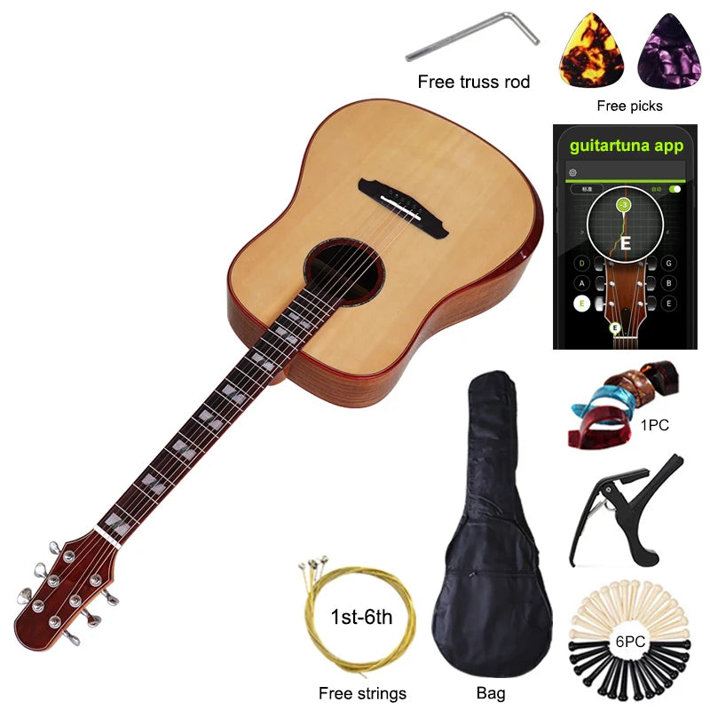 40 Inch 6 String Electric Acoustic Guitar Natural Brown Solid Spruce Top