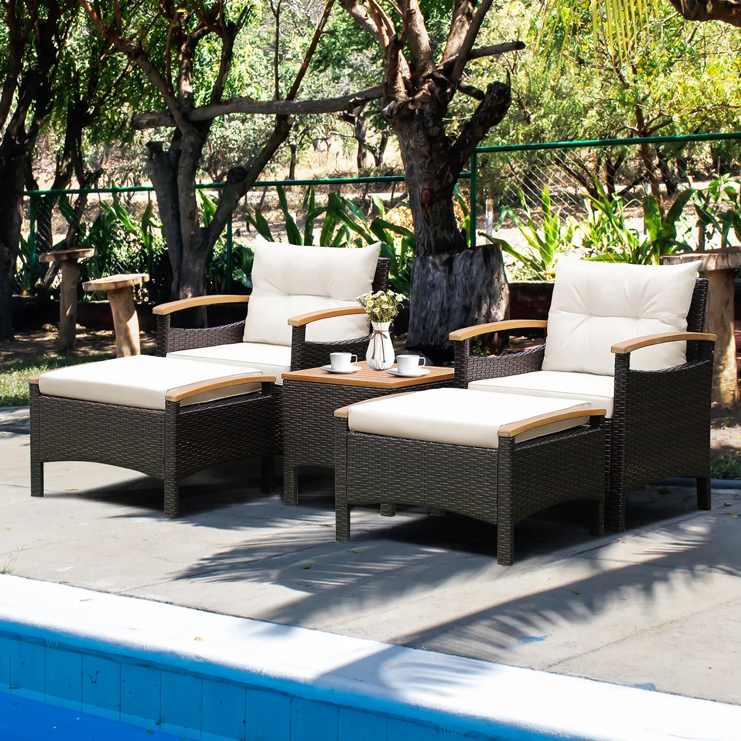 5 Piece Patio Rattan Furniture Set Cushioned Sofa And Ottoman Wood Top Table