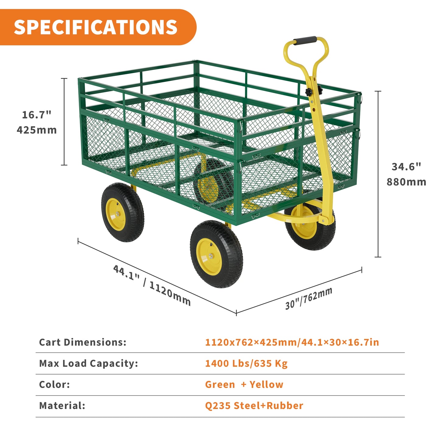 Heavy Duty Steel Garden Cart 1200 1400 Lbs Capacity 13 Inch Wheels