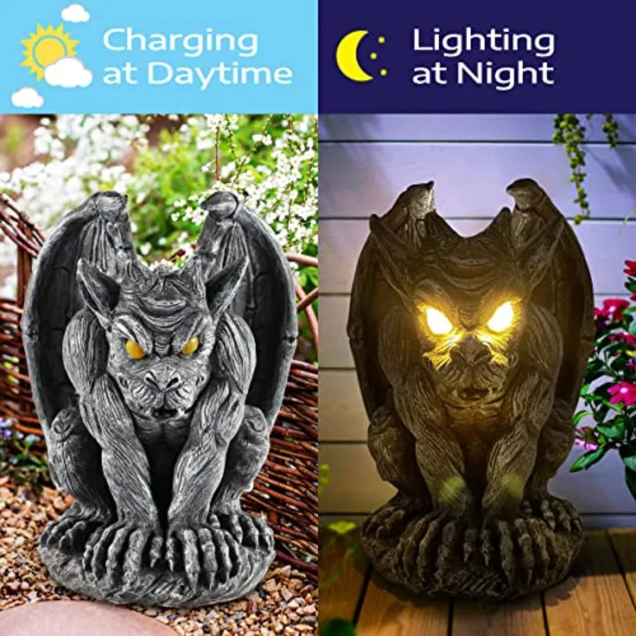 Large Winged Gargoyle Statue with Solar Lights Outdoor Decor, Sitting Gargoyle Monster Dragon Garden Guardian Gothic Creep Scar