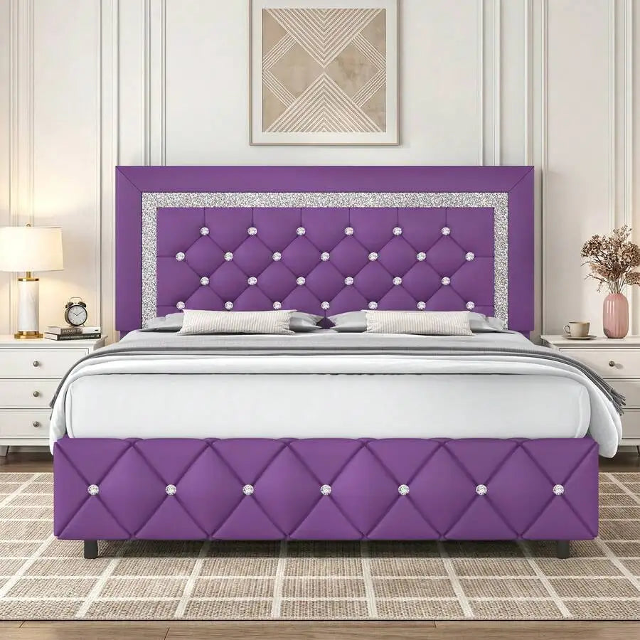 Twin/ Full/ Queen/ King Size Bed Frame, Upholstered Bed Frame With Diamond Headboard And Footboard, Pearl White/ Beige/ Black/ Grey/ Pink/ Purple/ Green