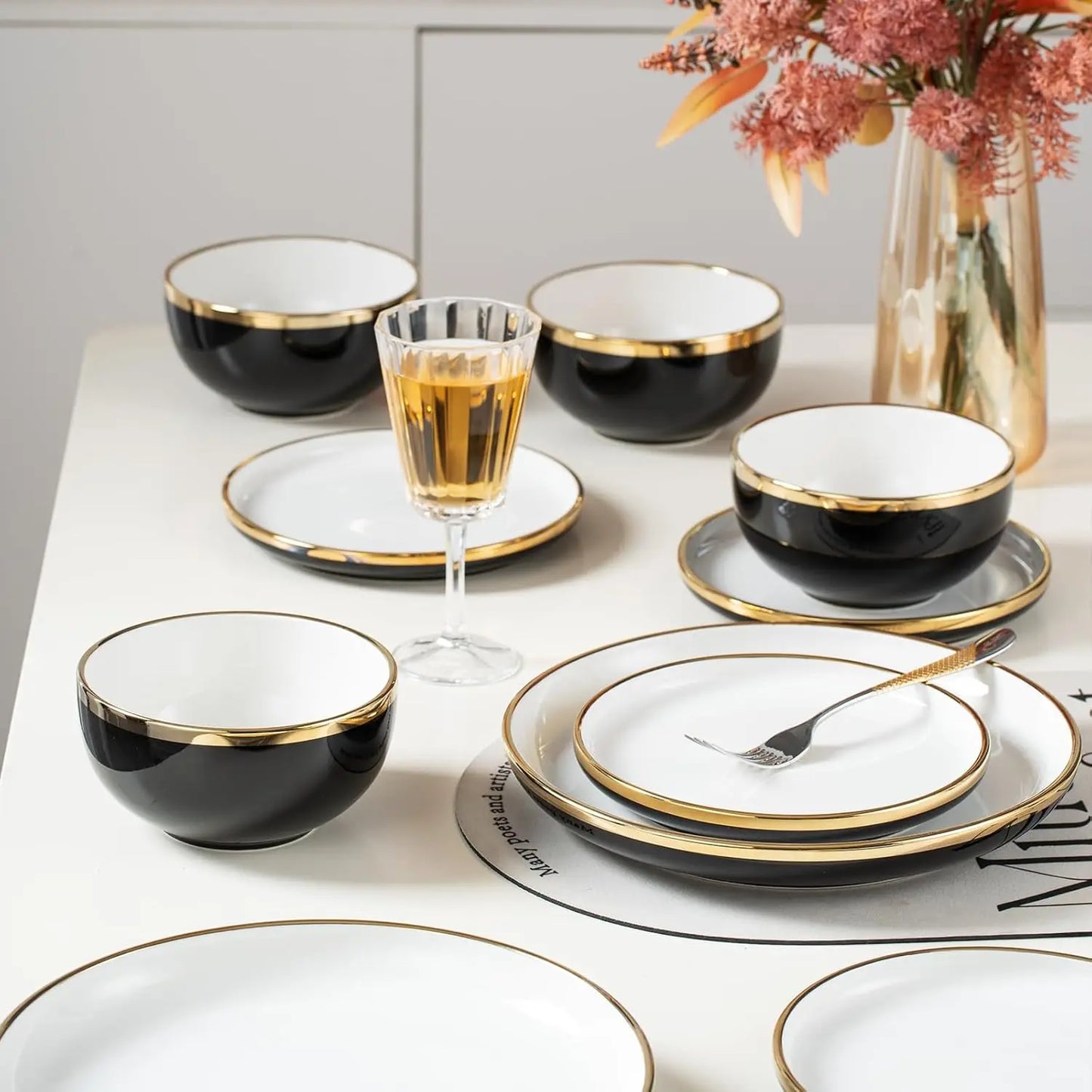 Black Ceramic Dinnerware Set For 4, 16-Piece With Gold Rim Crack Resistant