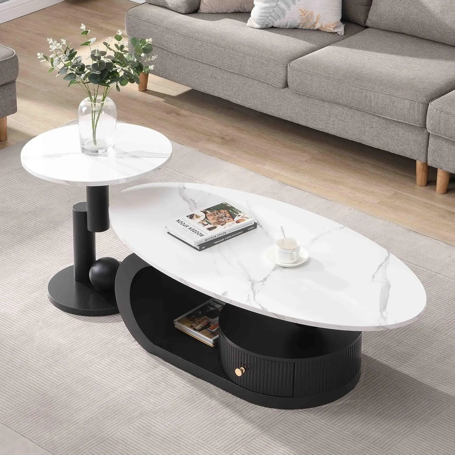 Modern Coffee Table With Silver Stainless Steel Pedestal Faux Marble Top
