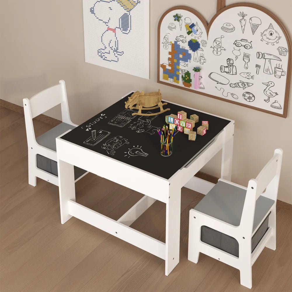 Kids Table and Chair Set, 3 in 1 Wooden Activity Table with Storage Drawer for Toddlers Drawing, Reading, Crafts, 2 in 1