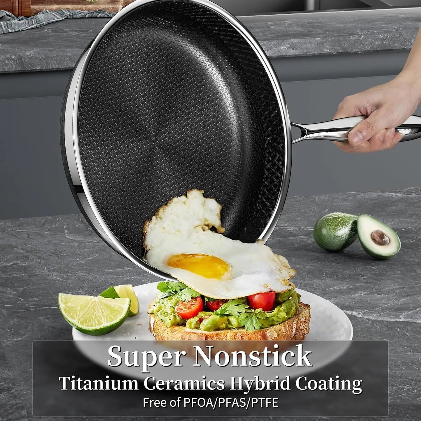 Titanium Ceramic Nonstick Frying Pan Set 10 & 12 Inch with Lid, Stainless Steel Skillet, Induction Compatible, PFOA Free