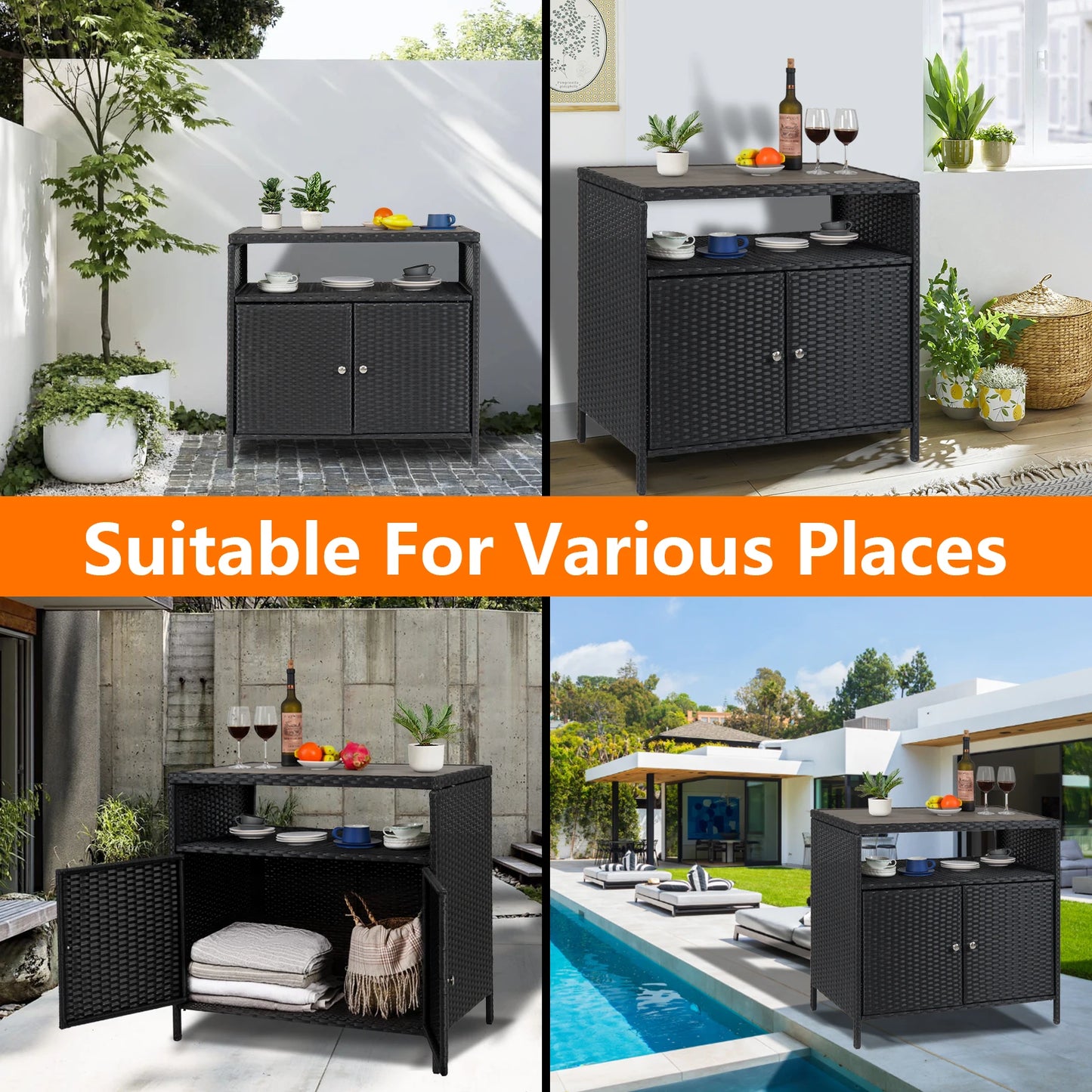 Patio Bar Table with 2-Door and Shelf, Outdoor Wicker Storage Cabinet with Shelf, Resin Wicker Cabinet Patio Pool Garden Kitchen