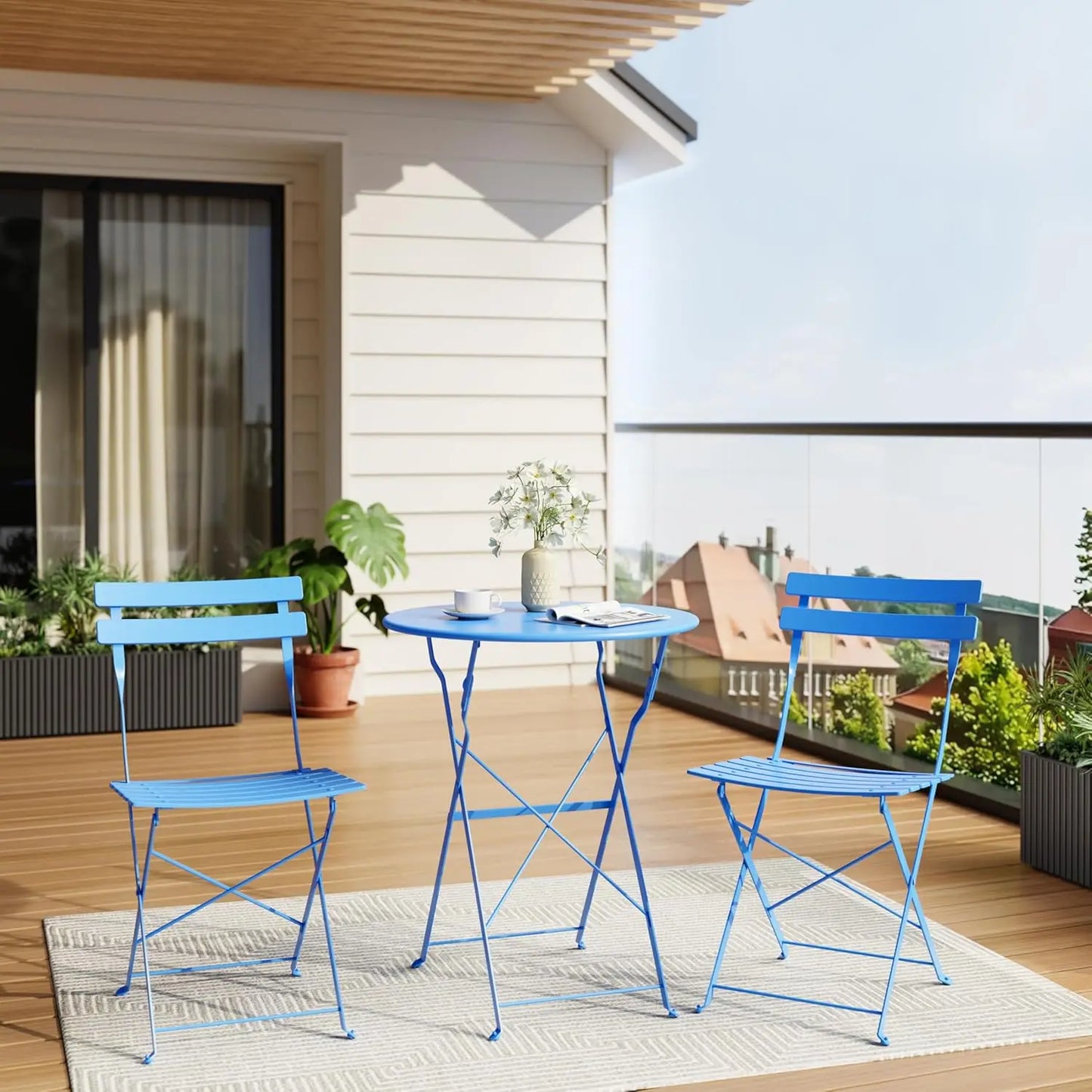 3-Piece Foldable Bistro Set, Outdoor Patio Furniture with Premium Frame, Table and 2 Chairs for Garden Balcony Blue