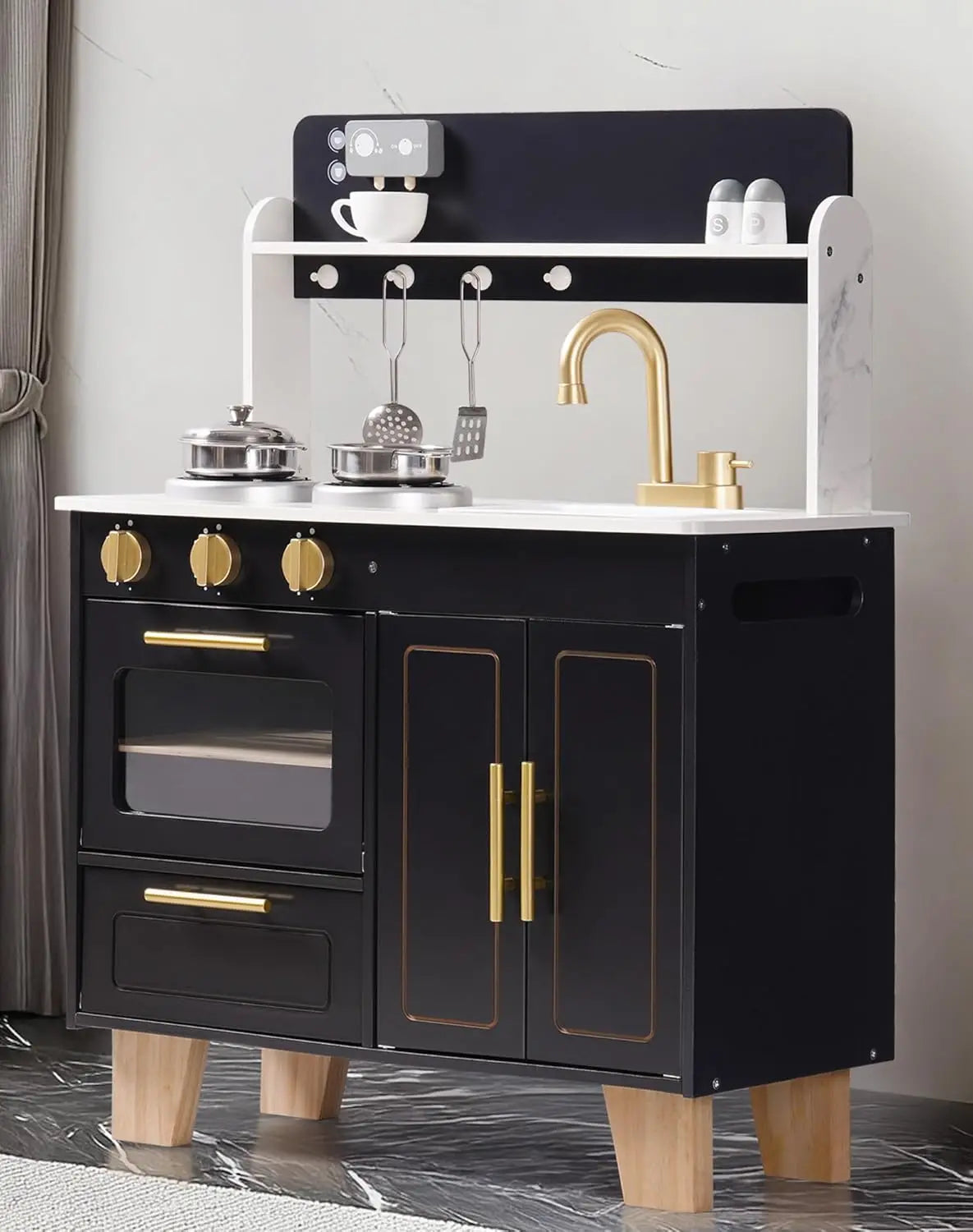 Robotime Play Kitchen Wooden Kids Toddler Kitchen Pretend Play with Marble-Style Countertop Modern Toy Kitchen for Girls Boys