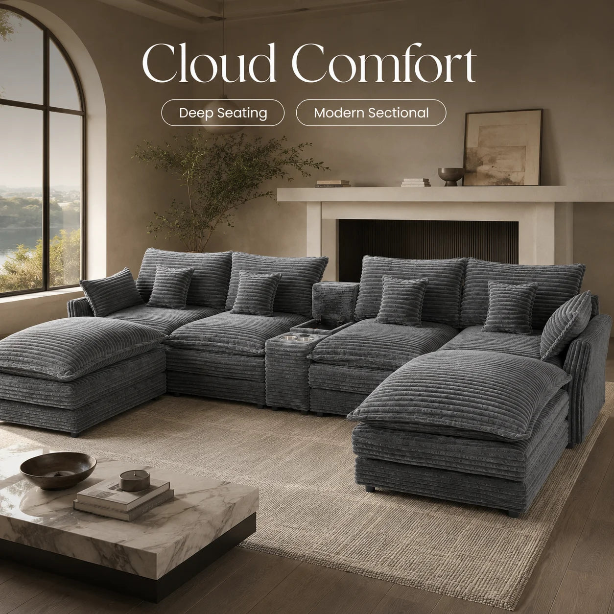 141 Inch 7 Piece U Shaped Sofa Set Modular Sectional With Console Coffee Table