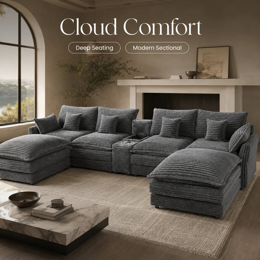 141 Inch 7 Piece U Shaped Sofa Set With Console Coffee Table And Pillows