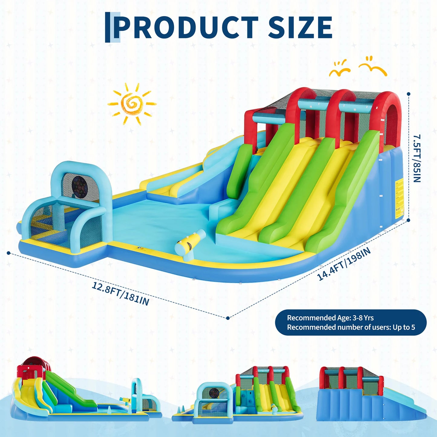 Inflatable Bounce House With 3 Water Slides Oxford Fabric Bouncy Castle For Kids