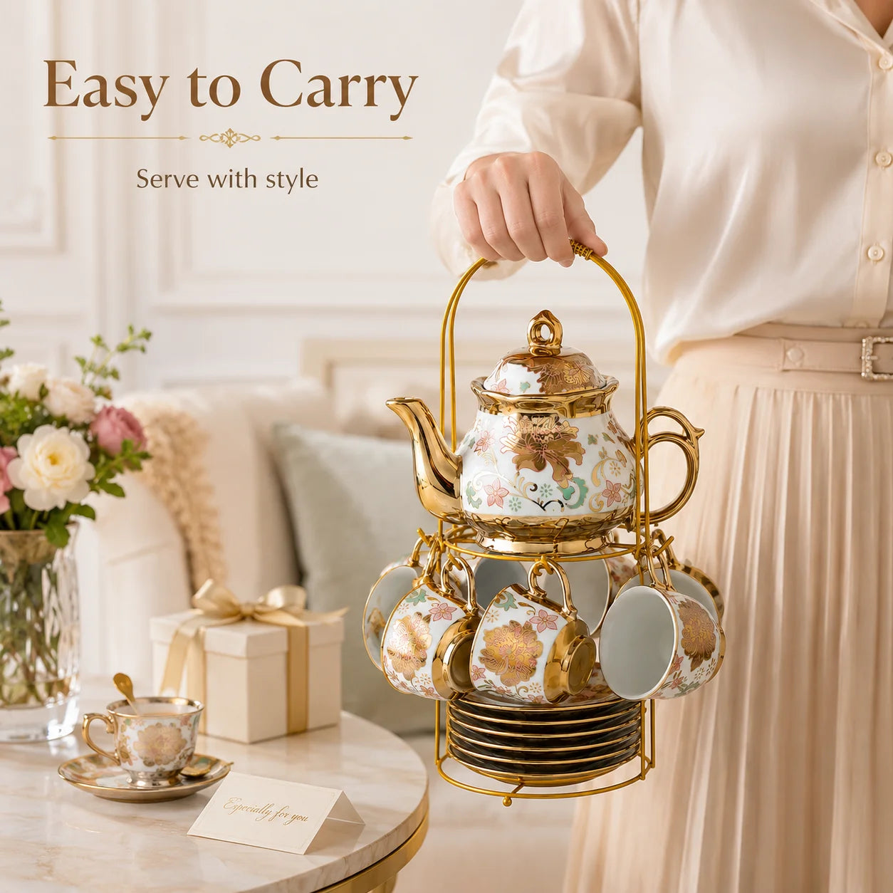 20PCS Ceramic Tea Set with Teapot Espresso Cups Saucers Spoons Display Rack Floral Gold Coffee Service Gift for Wedding Home