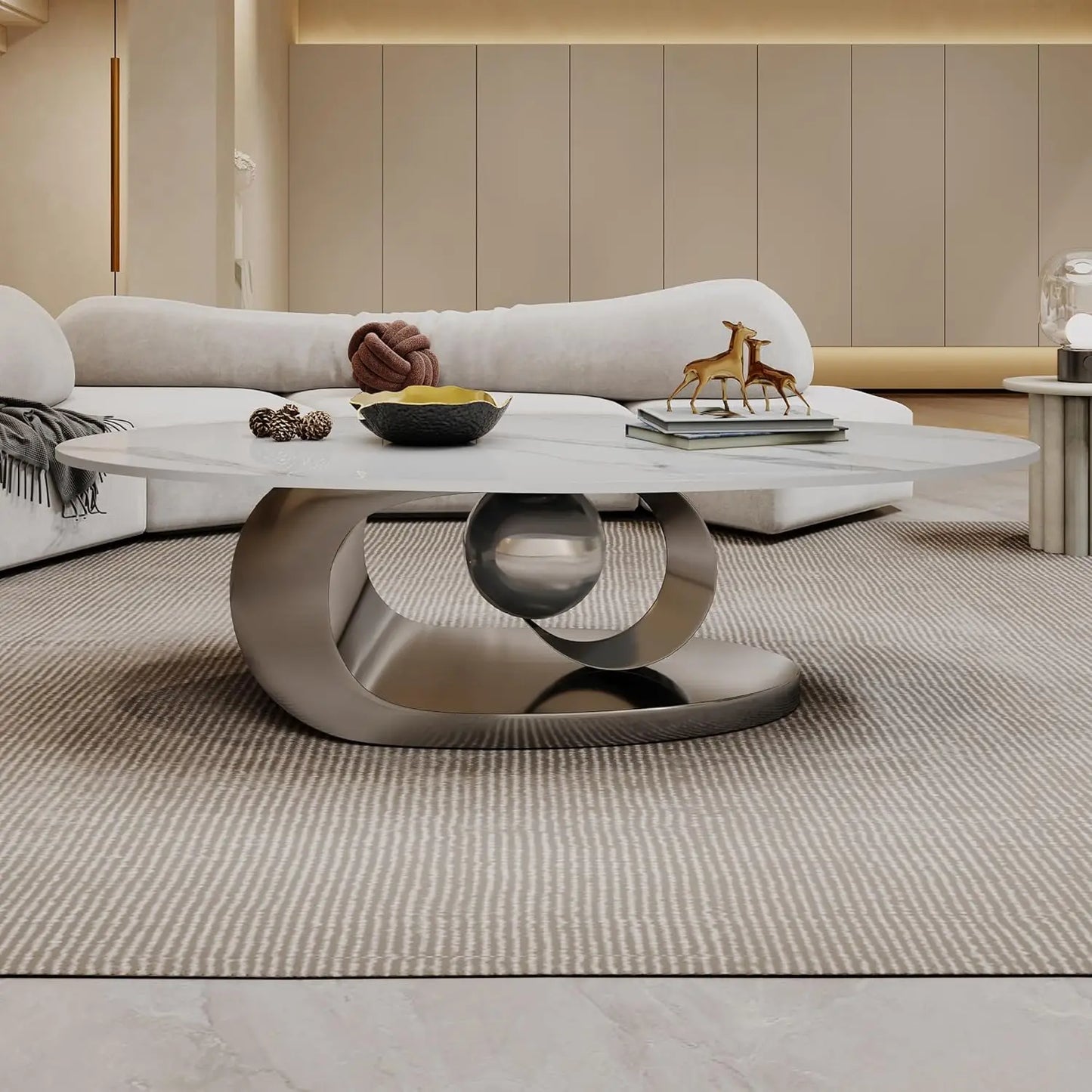 Modern Coffee Table With Silver Stainless Steel Pedestal Faux Marble Top