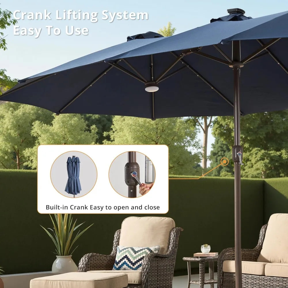 15ft Rectangle Double Sided Patio Umbrella With Base And 38 LED Solar Lights