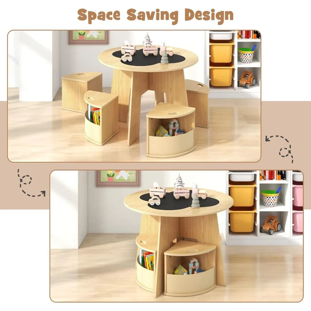 Toddler Table and Chair Set with 4 Storage Stools, Wooden Flower Shaped Nesting Table with Blackboard Drawers,