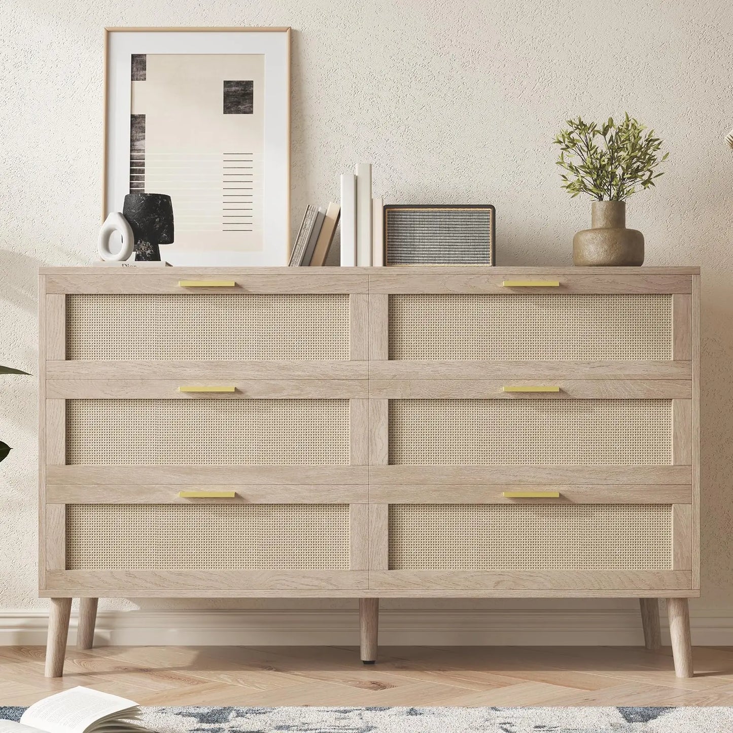 Rattan 6 Drawer Dresser Mid Century Modern Gold Handles For Bedroom Entryway