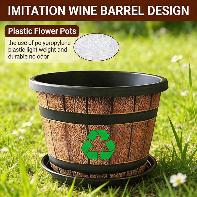 Indoor Large Flower Planter Resin Plant Pot Outdoor Imitation Wooden Barrel for Balcony Garden, Home Office Decor