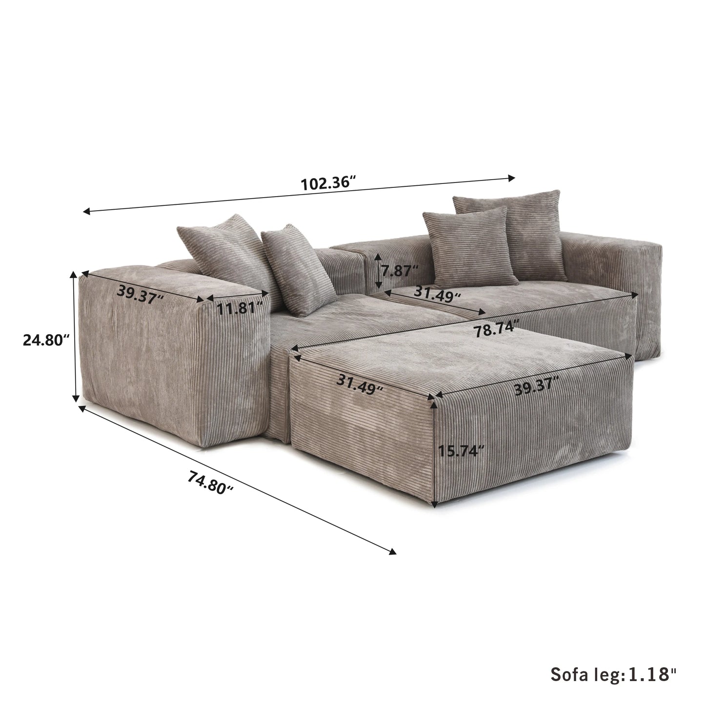 Modern Corduroy Sectional Sofa With Chaise 102Inch L Shaped Couch Hardwood Frame