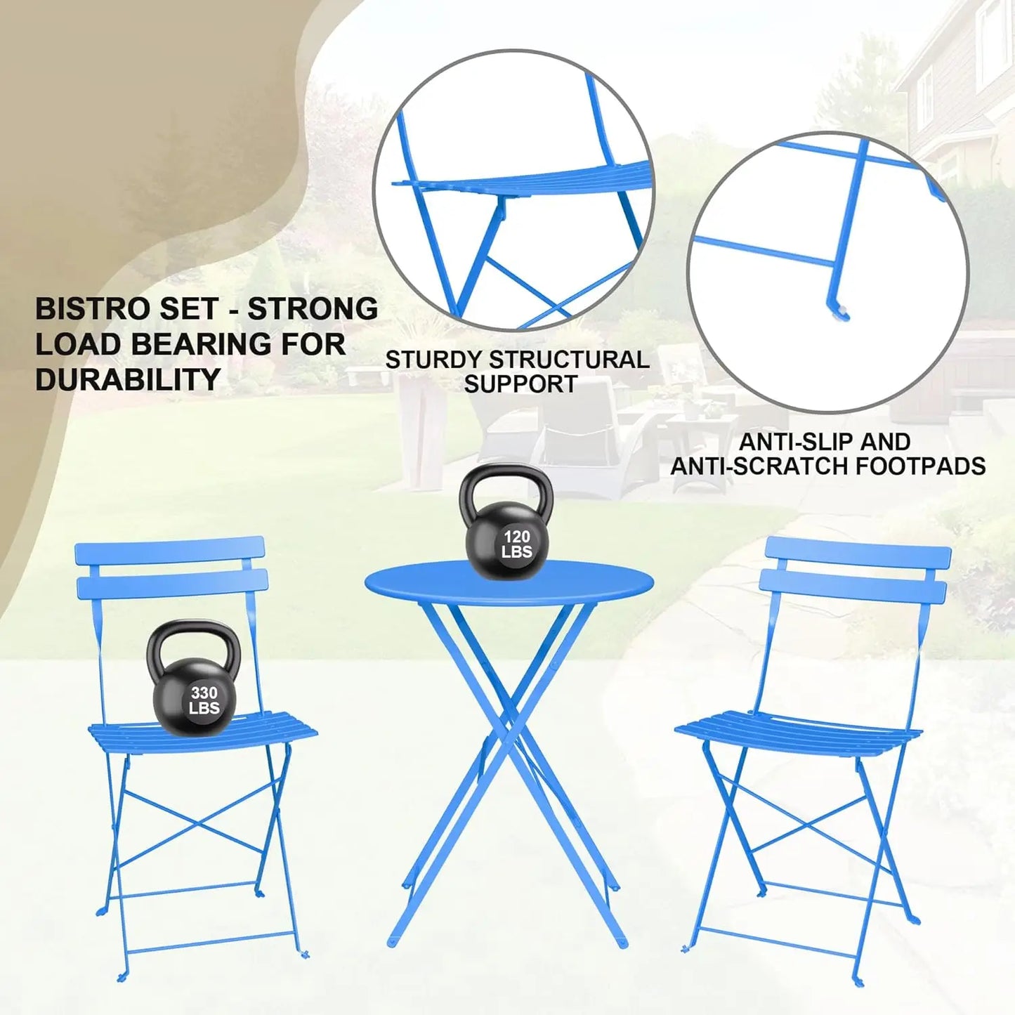 3-Piece Foldable Bistro Set, Outdoor Patio Furniture with Premium Frame, Table and 2 Chairs for Garden Balcony Blue