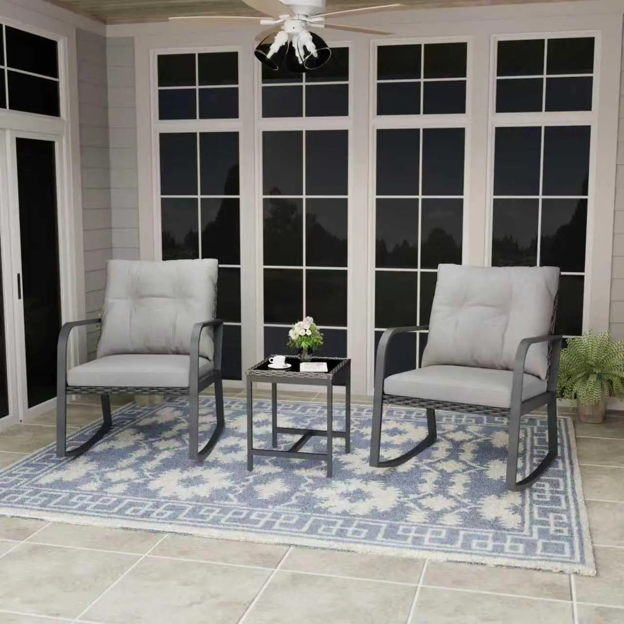 Bistro 3 Piece Patio Set With Rattan Rocking Chairs And Table Outdoor