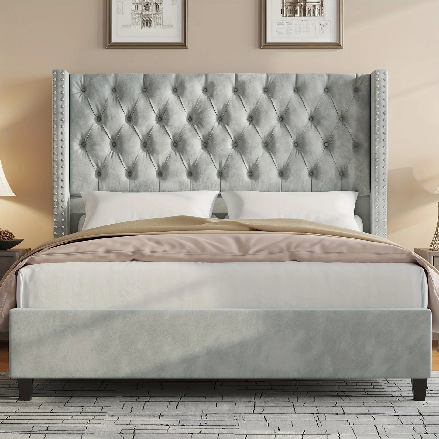 Papajet Velvet Bed Frame With 51.6 Inch Wingback Headboard Nailhead Detailing