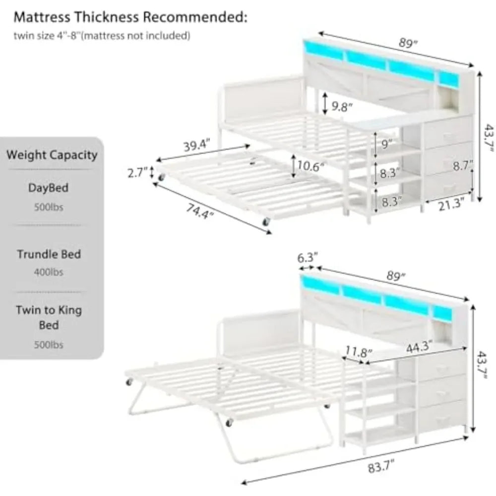 Daybed Twin with Pop Up Trundle, Farmhouse Wooden Day Bed Frame with 3 Storage Drawers and Shelves, Twin to King Daybed