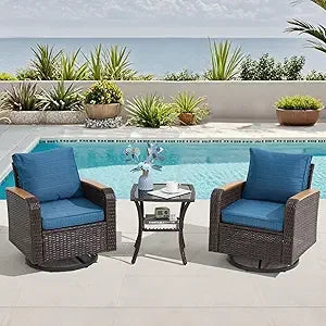 3 Piece Outdoor Wicker Patio Set With Swivel Chairs And Side Table Grey