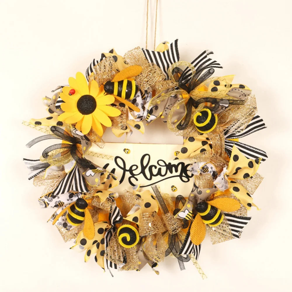 Bee Sunflower Wreath with Welcome Spring Summer Wreath for Front Door Housewarming Gift Farmhouse Porch Decor Wedding Favors
