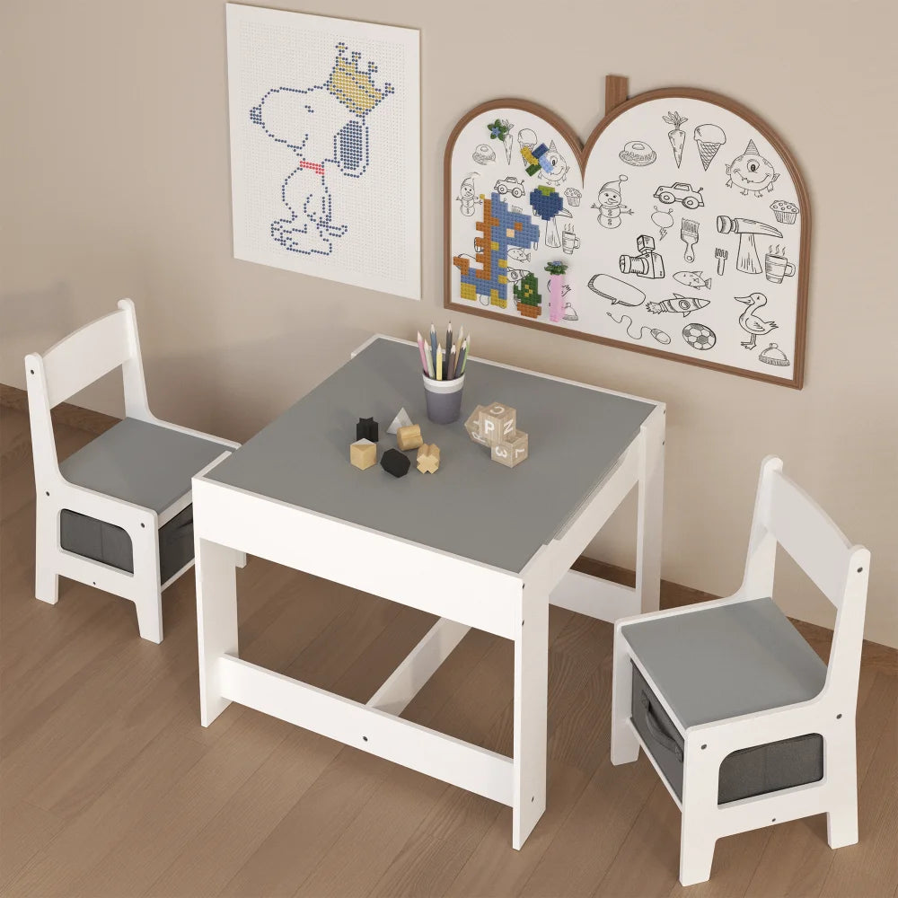 Kids Table and Chair Set, 3 in 1 Wooden Activity Table with Storage Drawer for Toddlers Drawing, Reading, Crafts, 2 in 1