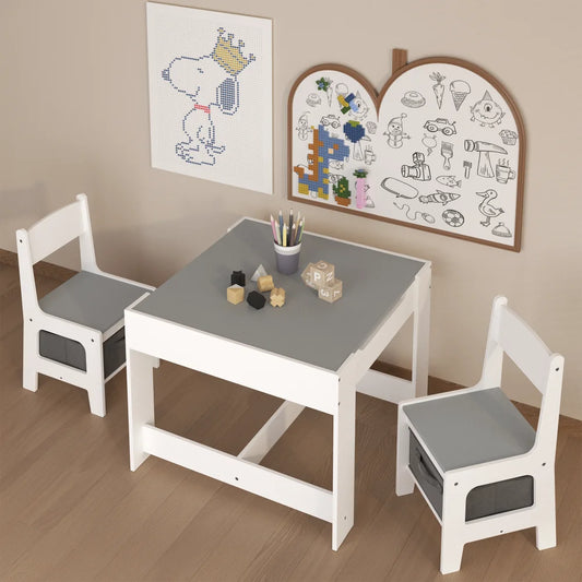 Kids Table and Chair Set, 3 in 1 Wooden Activity Table with Storage Drawer for Toddlers Drawing, Reading, Crafts, 2 in 1