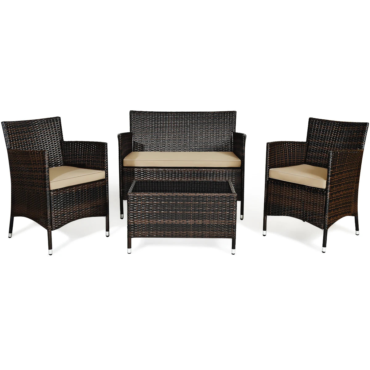 4PCS Patio Rattan Furniture Set Armrest Cushion Sofa Coffee Table withShelf Garden