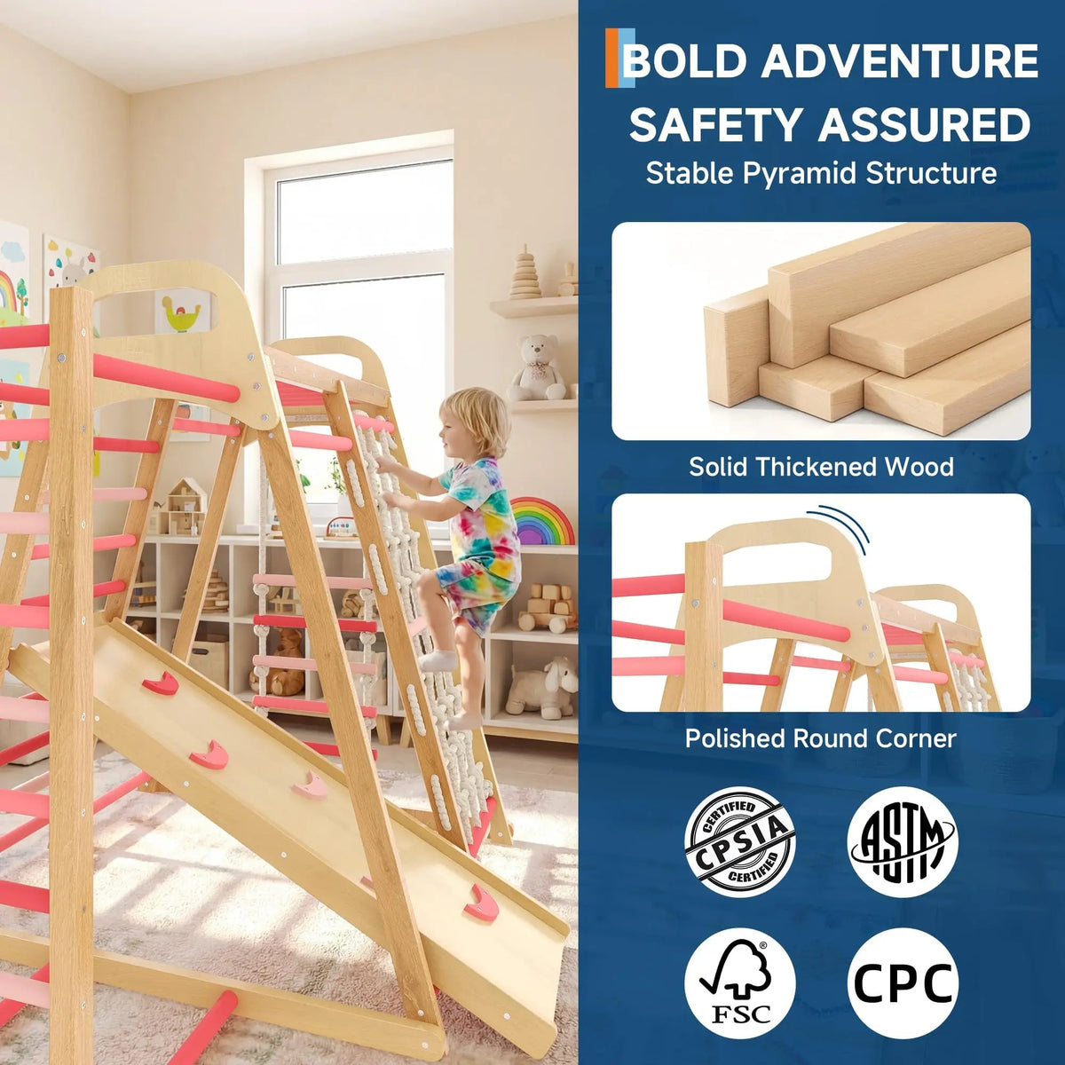 Foldable Wooden Climbing Triangle 7 In 1 Indoor Play Set For Kids Age 3